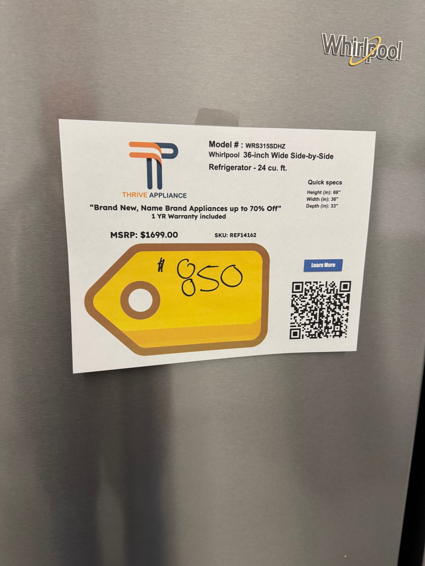 Whirlpool 24.6-cu ft Standard-Depth 36-in Wide Side-by-Side Refrigerator with Ice Maker ,Water and Ice Dispenser ( Fingerprint Resistant Stainless Finish )