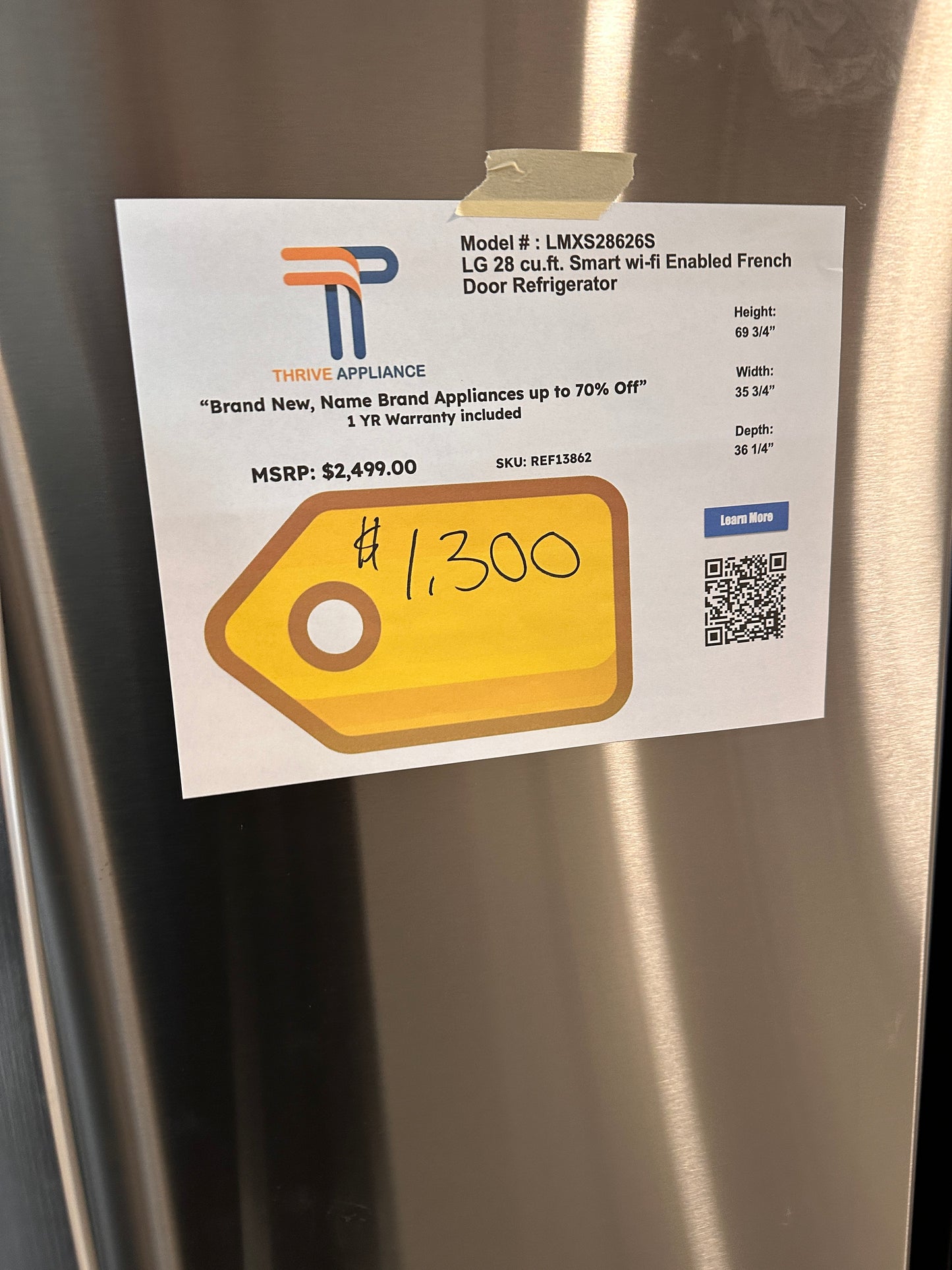 LG 36 Inch French Door Smart Refrigerator with 27.8 cu. ft. Capacity  MODEL: LMXS28626S  REF13862