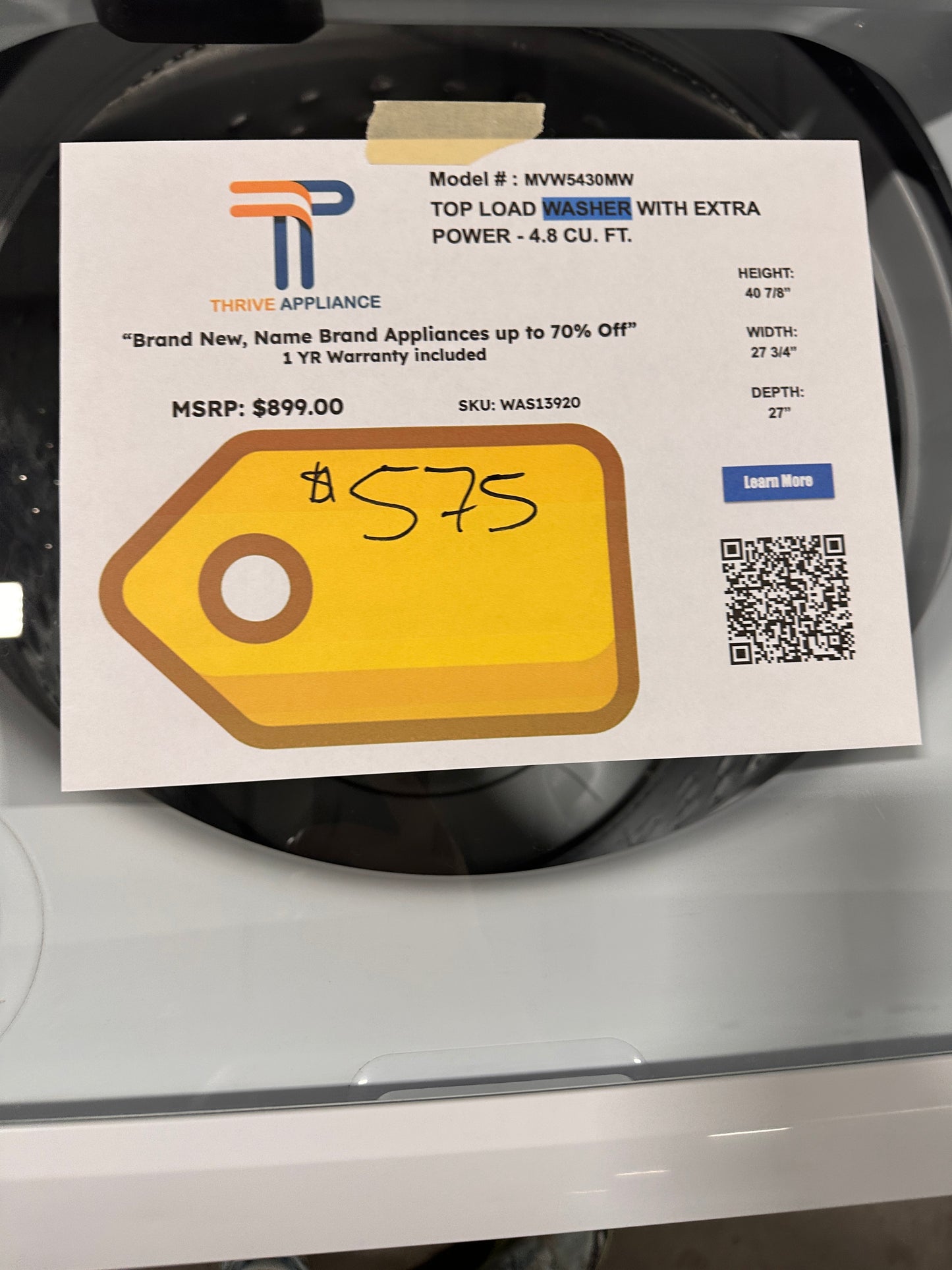 BRAND NEW! Maytag Top Load Washer with Extra Power  MODEL: MVW5430MW  WAS13920