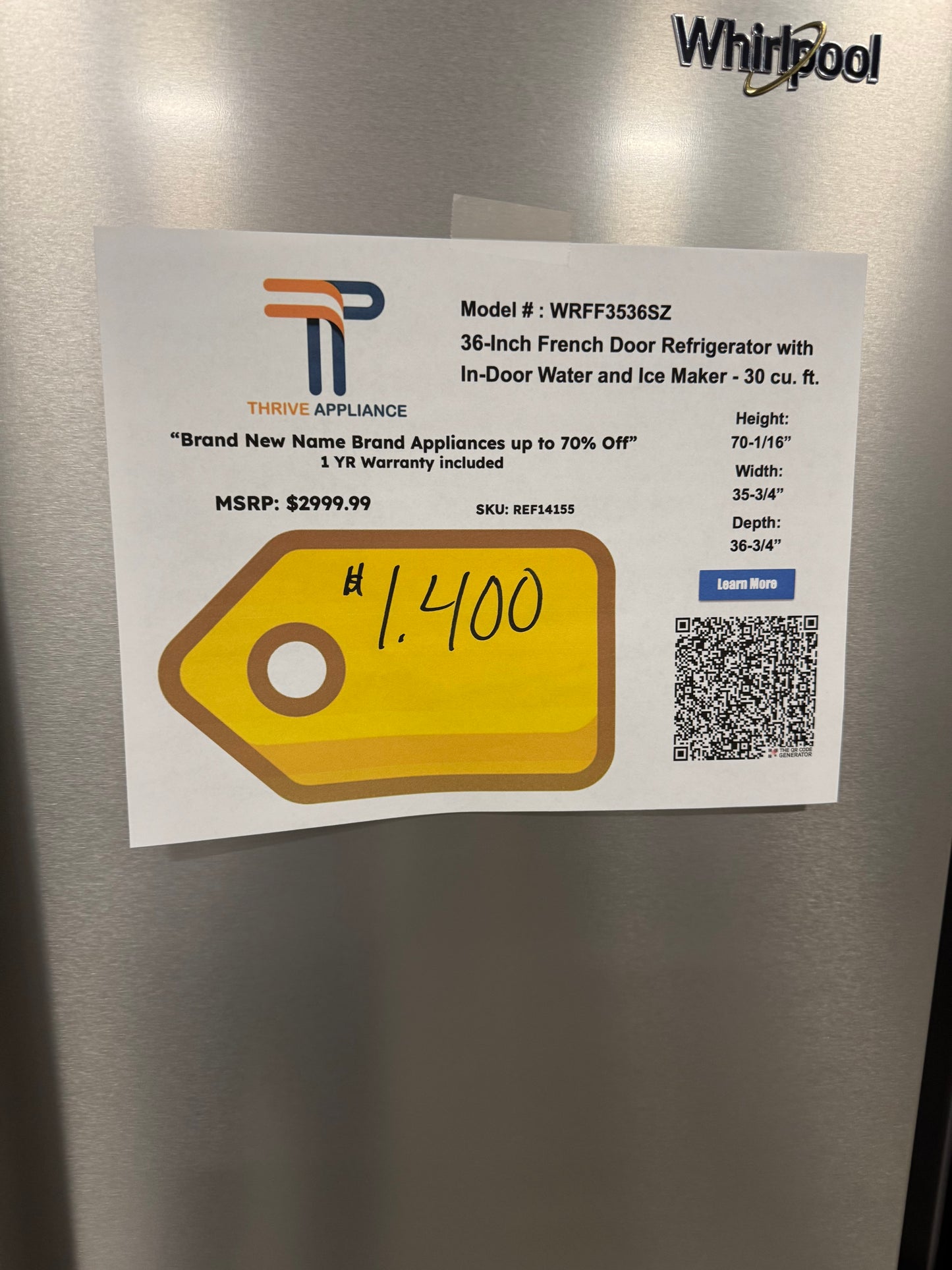 Whirlpool Standard-Depth 29.58-cu ft 3 -Door 36-in Wide French Door Refrigerator with Ice Maker with Water and Ice Dispenser ( Fingerprint Resistant Stainless Finish ) ENERGY STAR Certified