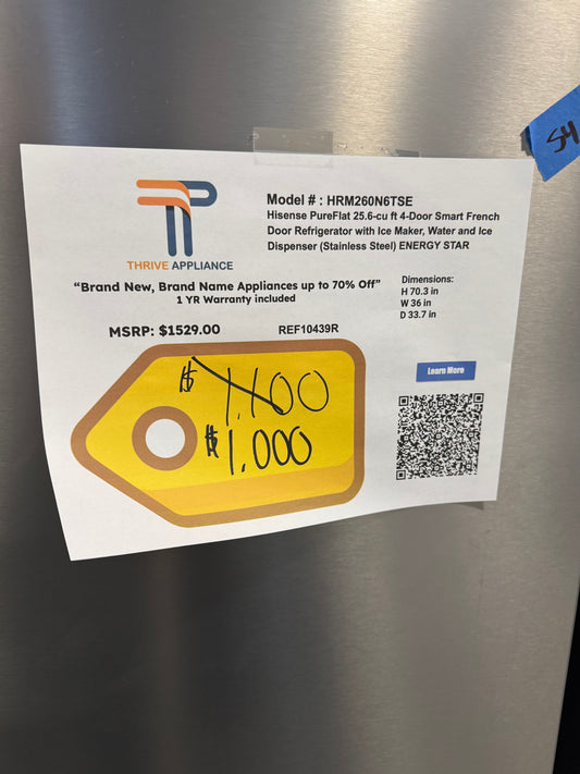 Hisense PureFlat Standard-Depth 25.6-cu ft 4 -Door 36-in Wide Smart Compatible French Door Refrigerator with Ice Maker with Water and Ice Dispenser ( Stainless steel ) ENERGY STAR Certified