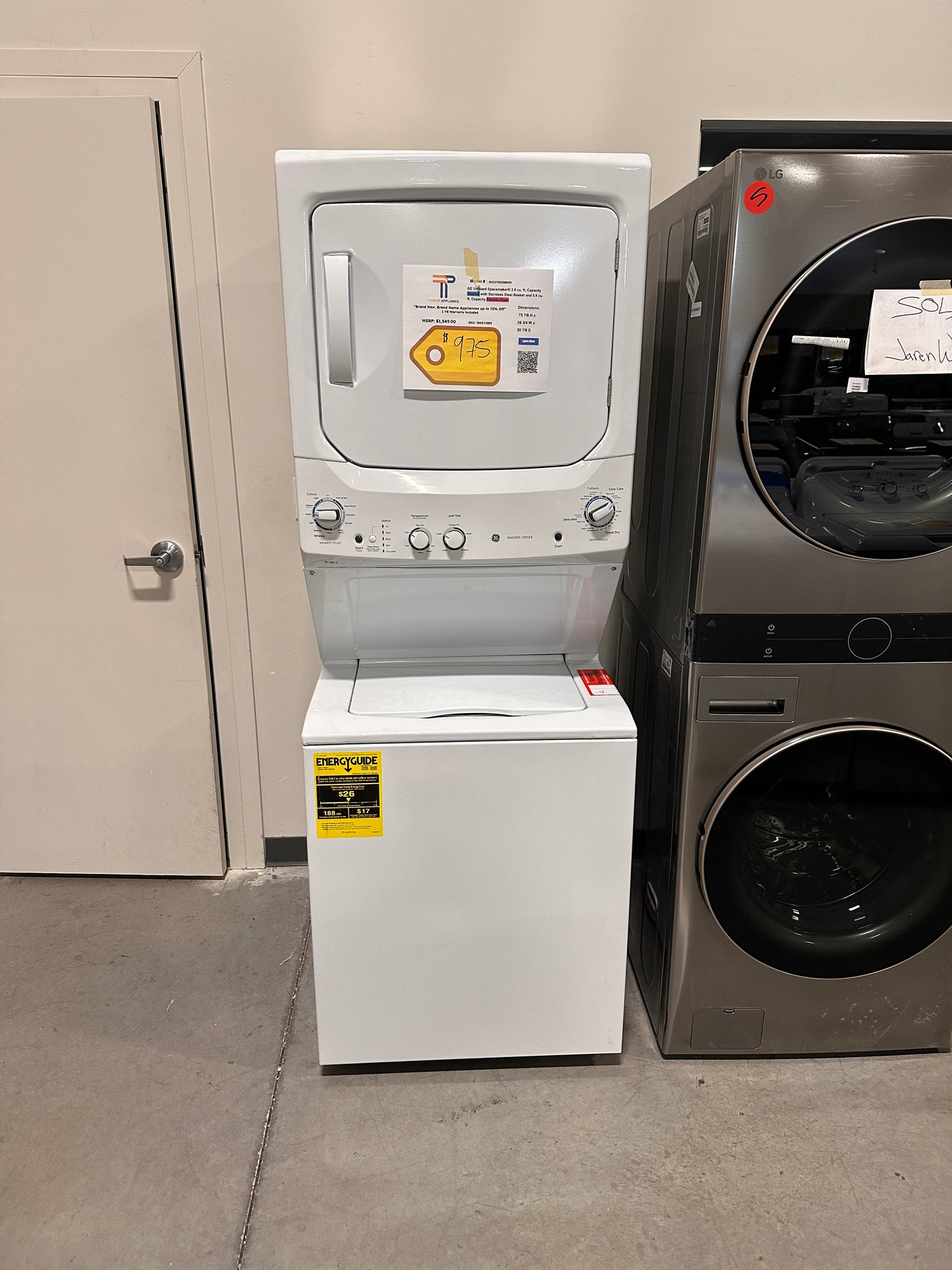 GE Unitized Spacemaker 3.8 Cu. Ft. Washer and 5.9 Cu. Ft. Electric Dryer  MODEL: GUD27ESSMWW  WAS13909