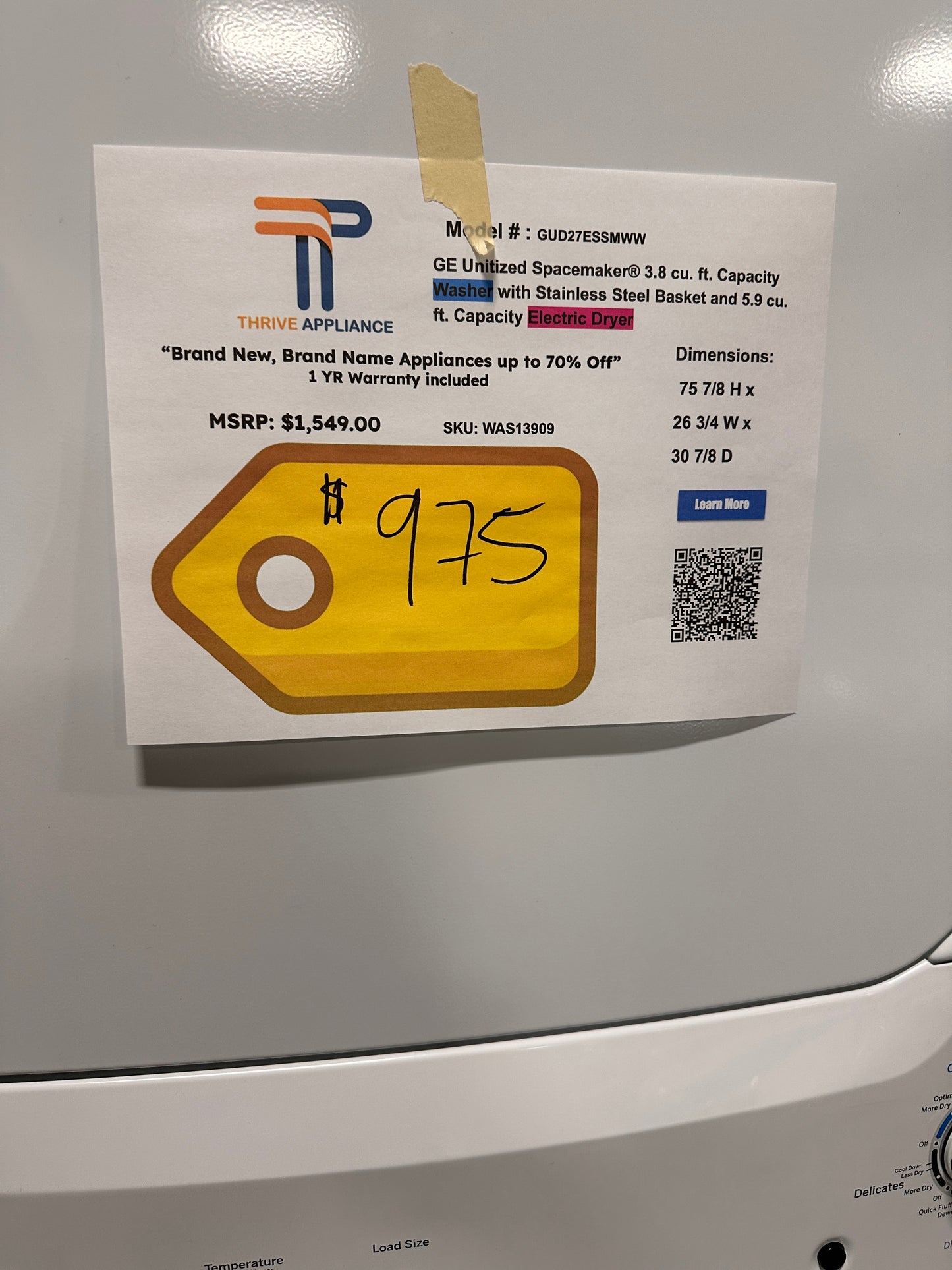 GE Unitized Spacemaker 3.8 Cu. Ft. Washer and 5.9 Cu. Ft. Electric Dryer  MODEL: GUD27ESSMWW  WAS13909