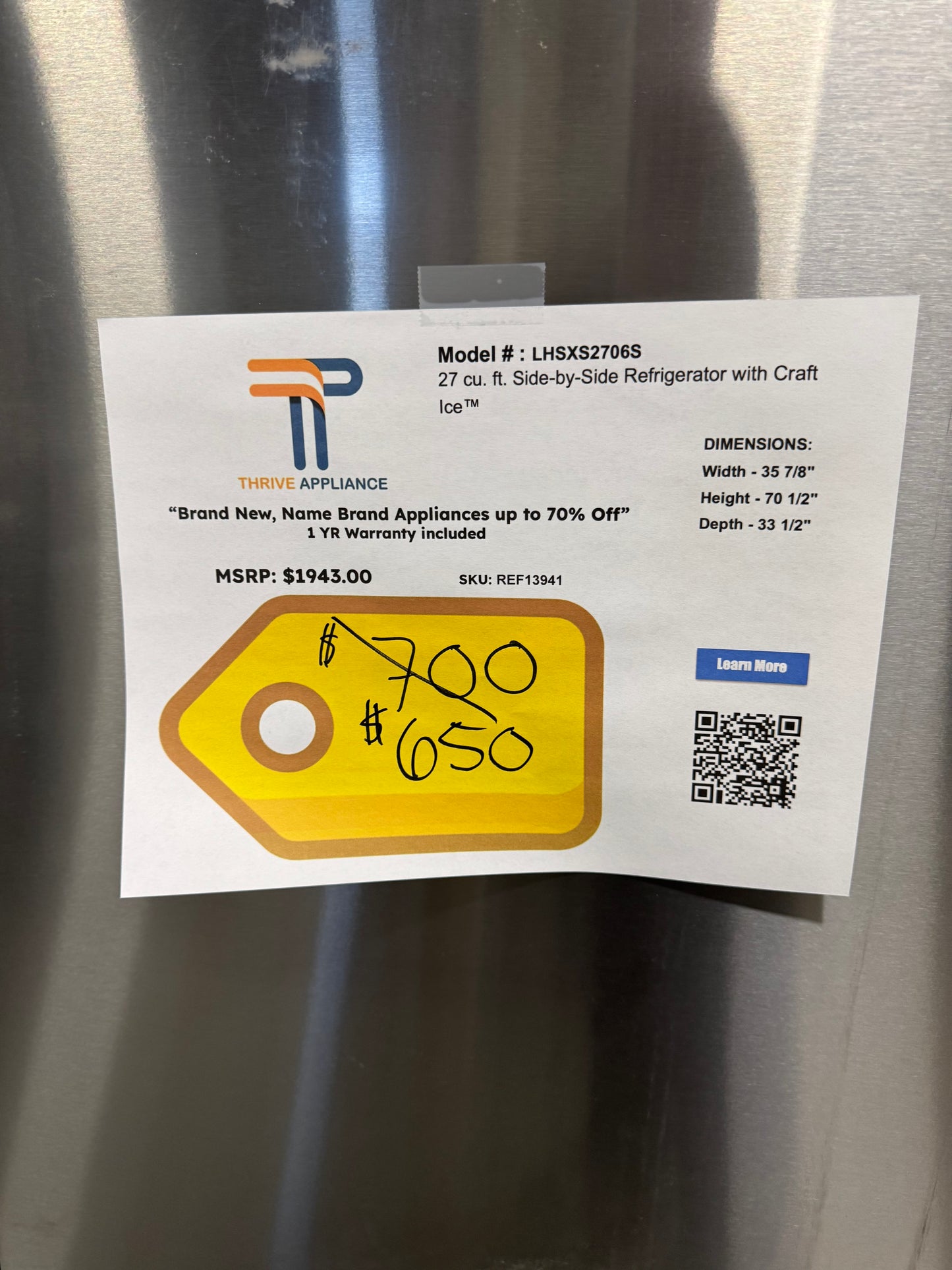 CRAFT ICE CAPABLE LG SIDE BY SIDE SMART REFRIGERATOR MODEL: LHSXS2706S  REF13941