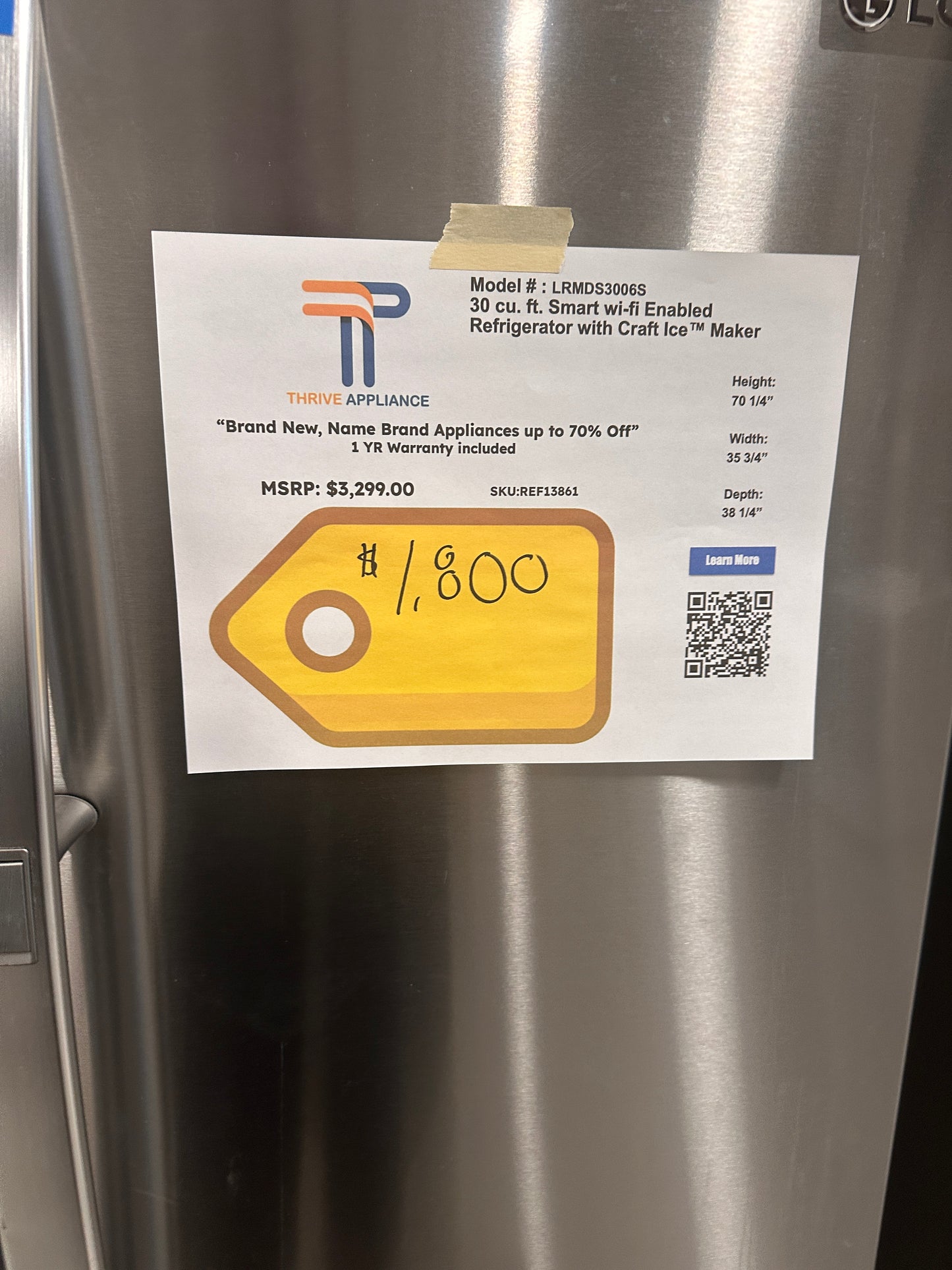 NEW! LG 30 Cu. Ft. Stainless Smart French Door Refrigerator  MODEL: LRMDS3006S  REF13861