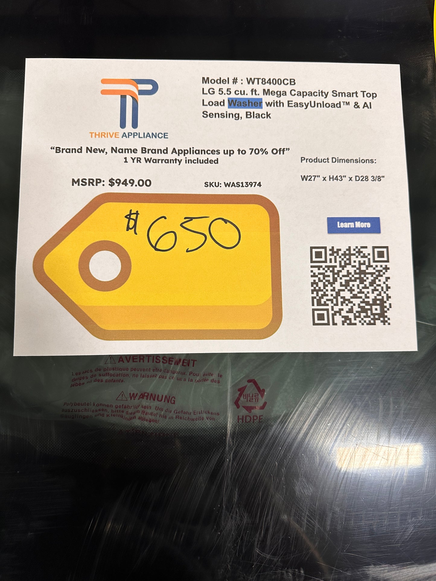 BEAUTIFUL BRAND NEW 5.3 CU FT TOP LOAD LG WASHER MODEL: WT8405CB  WAS13974