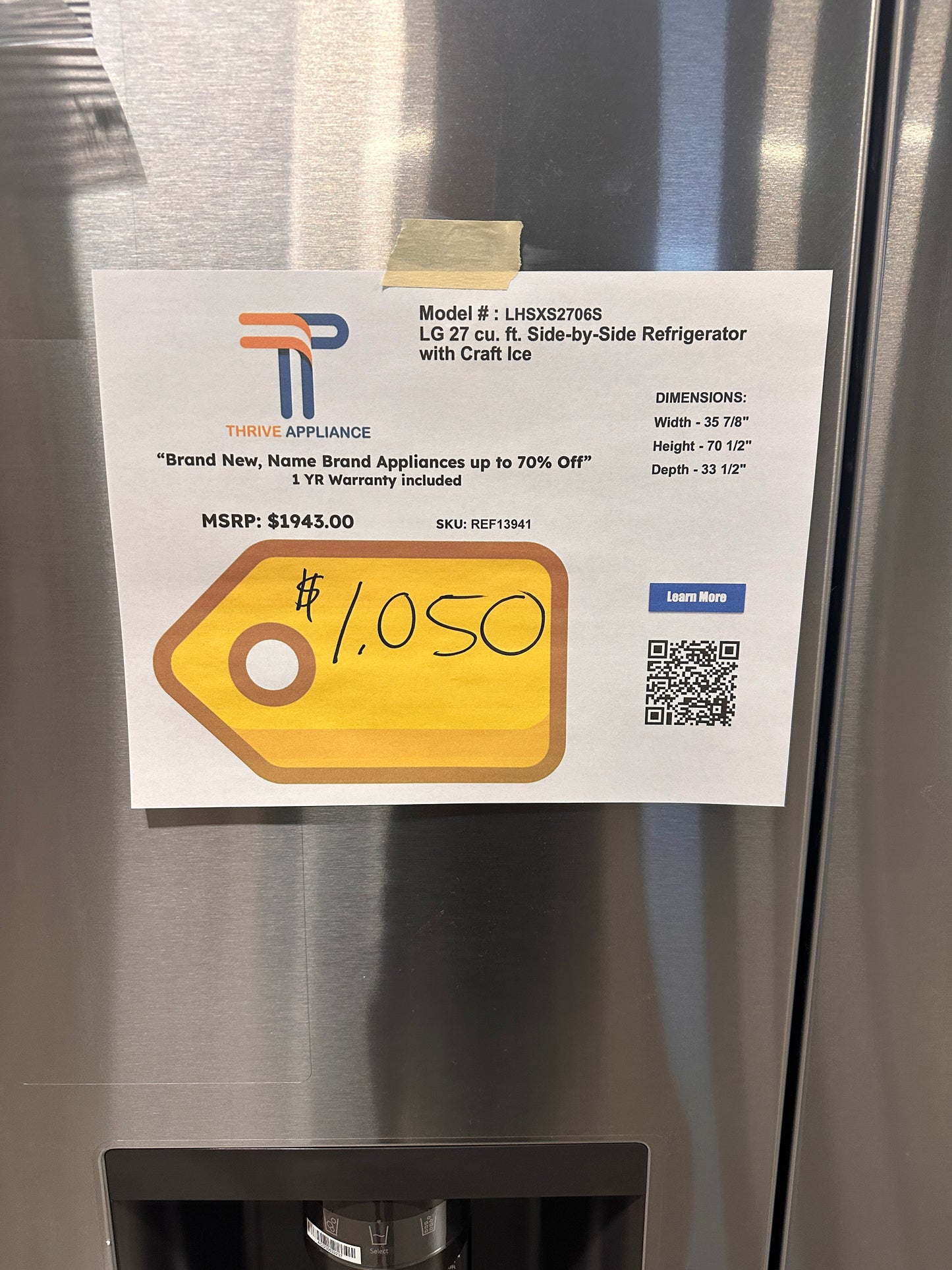 CRAFT ICE CAPABLE LG SIDE BY SIDE SMART REFRIGERATOR MODEL: LHSXS2706S  REF13941
