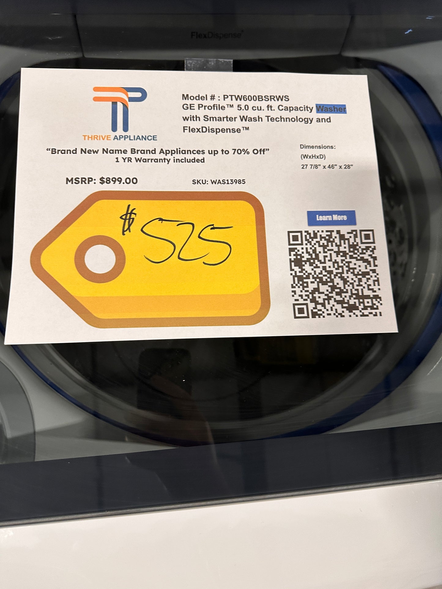 GE Profile Top Load Washer with Smarter Wash Technology FlexDispense  MODEL: PTW600BSRWS  WAS13985