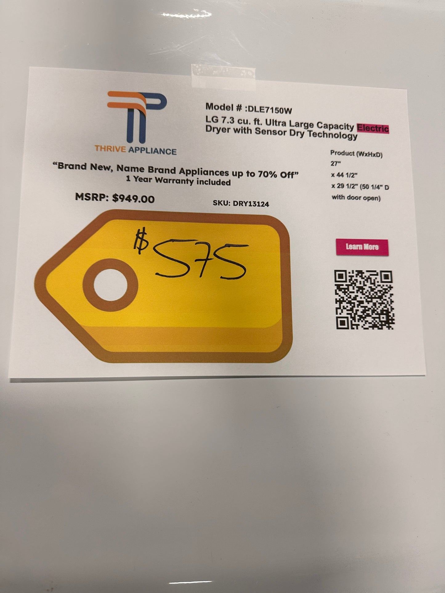 NEW! LG 7.3 cu. ft. Electric Dryer with Sensor Dry  MODEL: DLE7150W  DRY13124