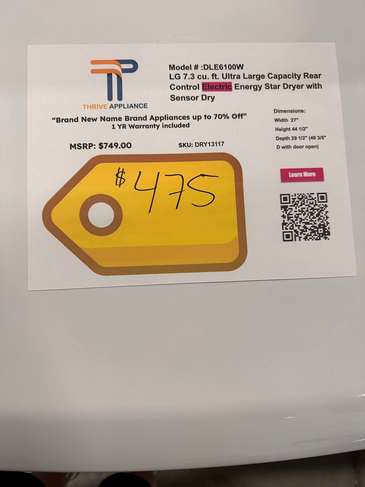 LG 7.3 Cu.Ft. Electric Dryer  MODEL: DLE6100W  DRY13117