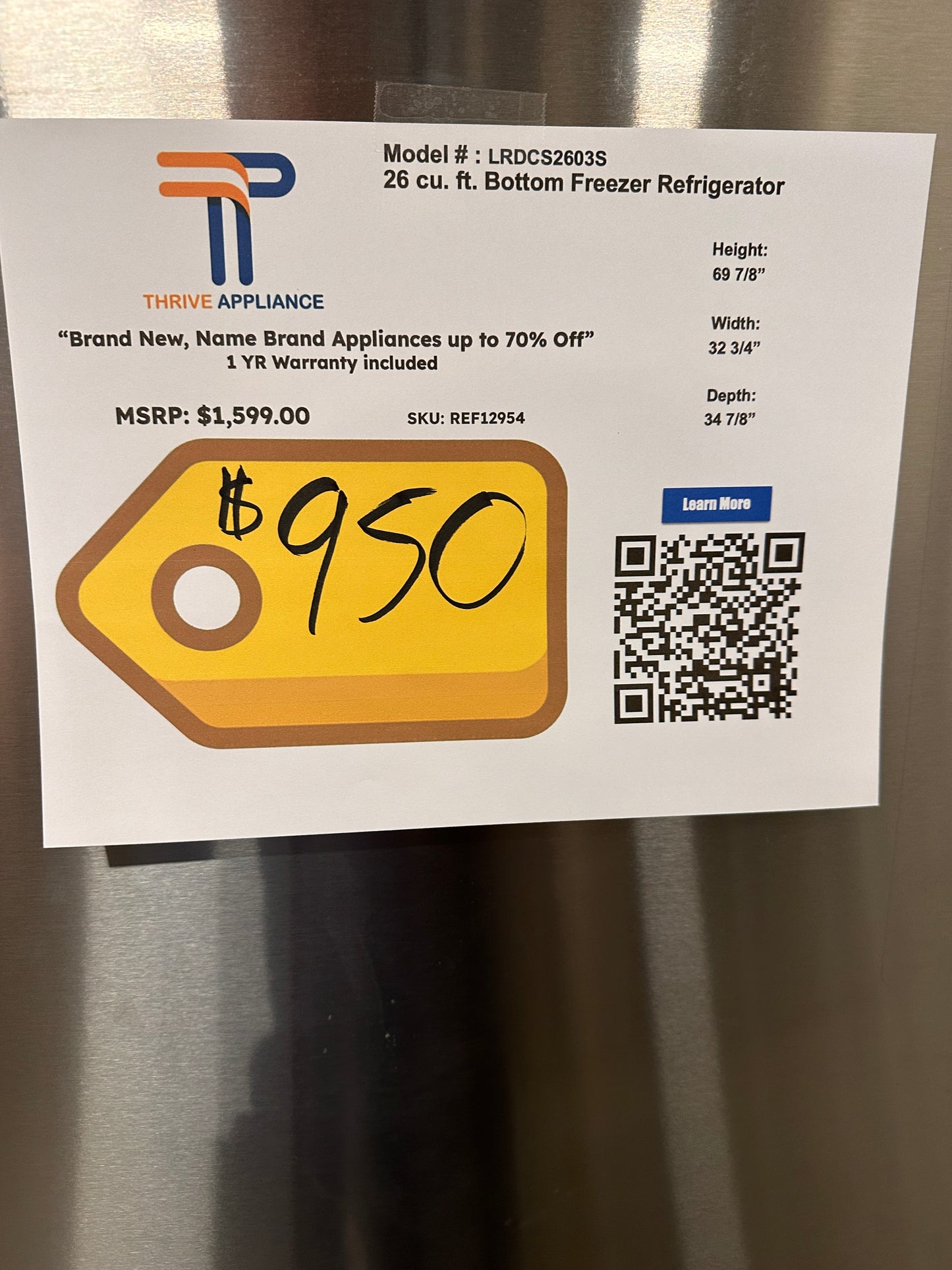BOTTOM FREEZER BEAUTIFUL NEW REFRIGERATOR Model:LRDCS2603S  REF12954