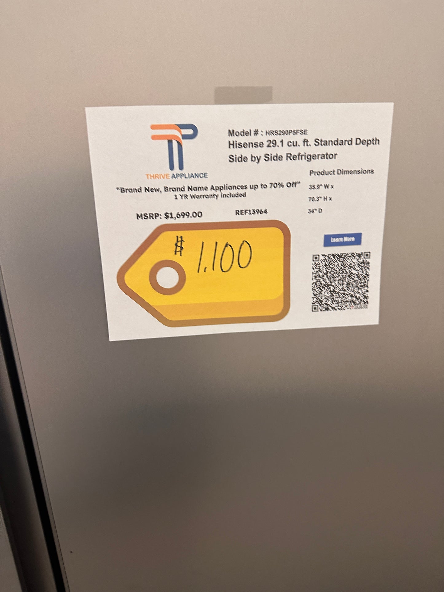 GREAT NEW HISENSE SIDE BY SIDE REFRIGERATOR MODEL: HRS290P5FSE  REF13964
