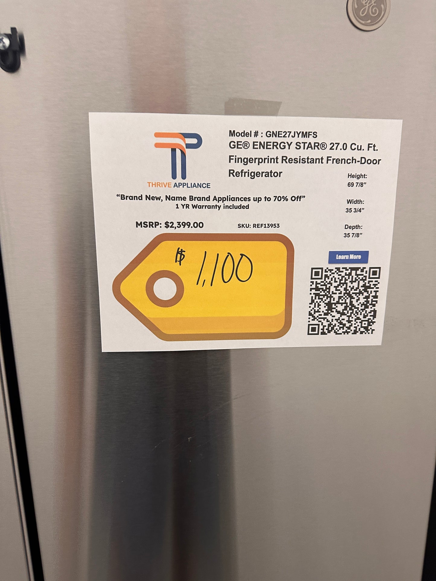 GORGEOUS GE 27.0 Cu. Ft French Door Refrigerator  MODEL: GNE27JYMFS  REF13953