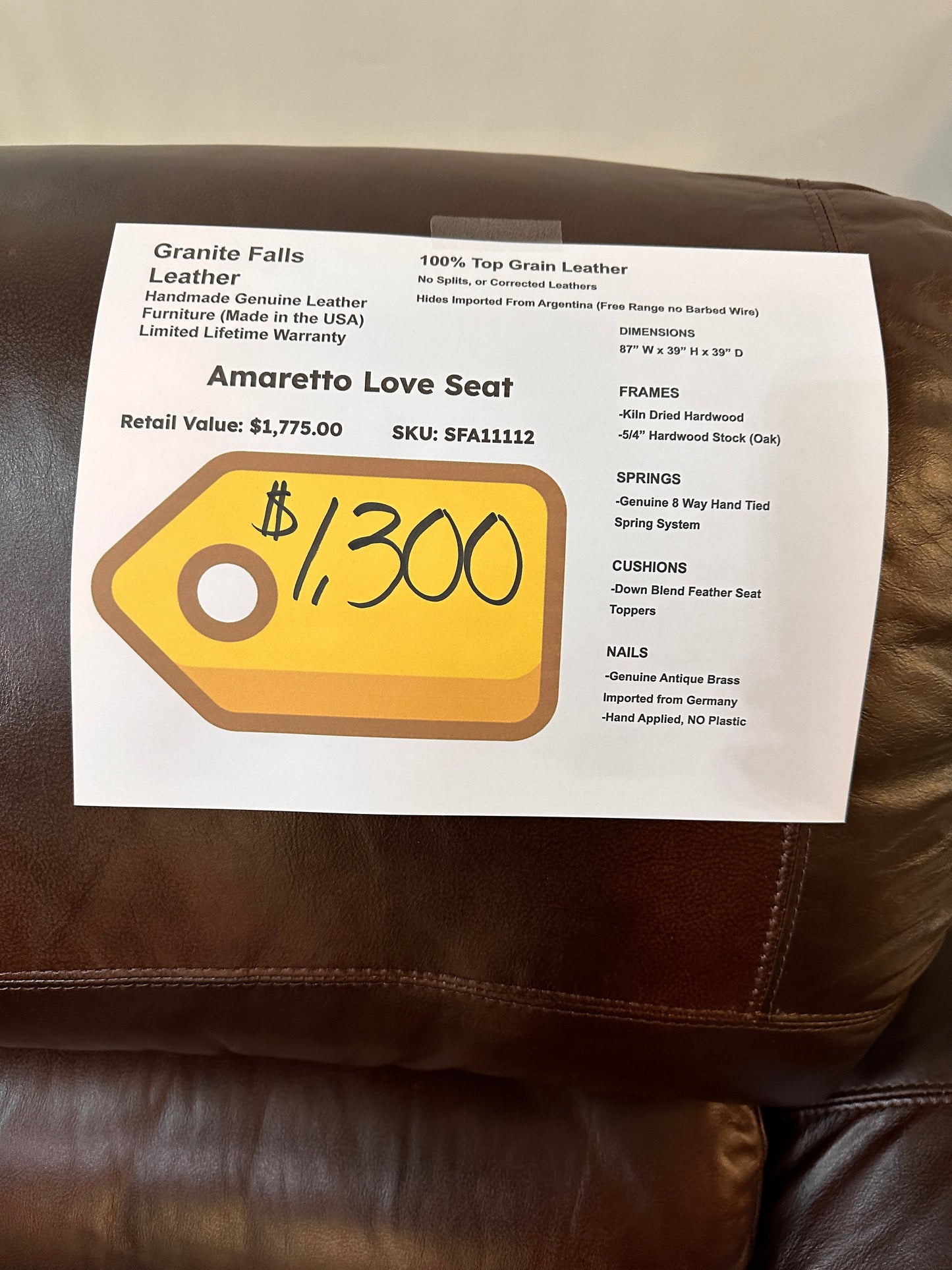 GENUINE LEATHER HANDMADE AMARETTO LOVE SEAT - SFA11112