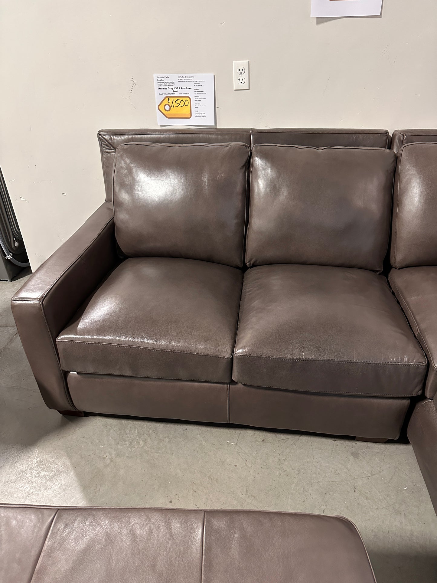 GRANITE FALLS LEATHER   Hermes Grey Full Sectional with Power Recliner and Ottoman