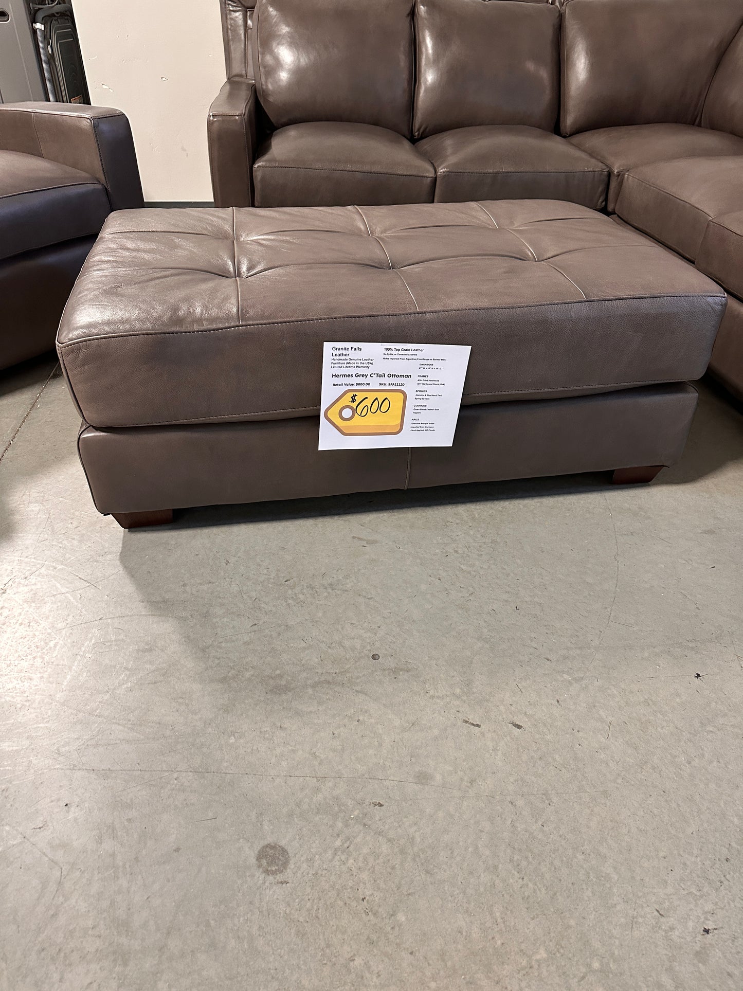 GRANITE FALLS LEATHER   Hermes Grey Full Sectional with Power Recliner and Ottoman