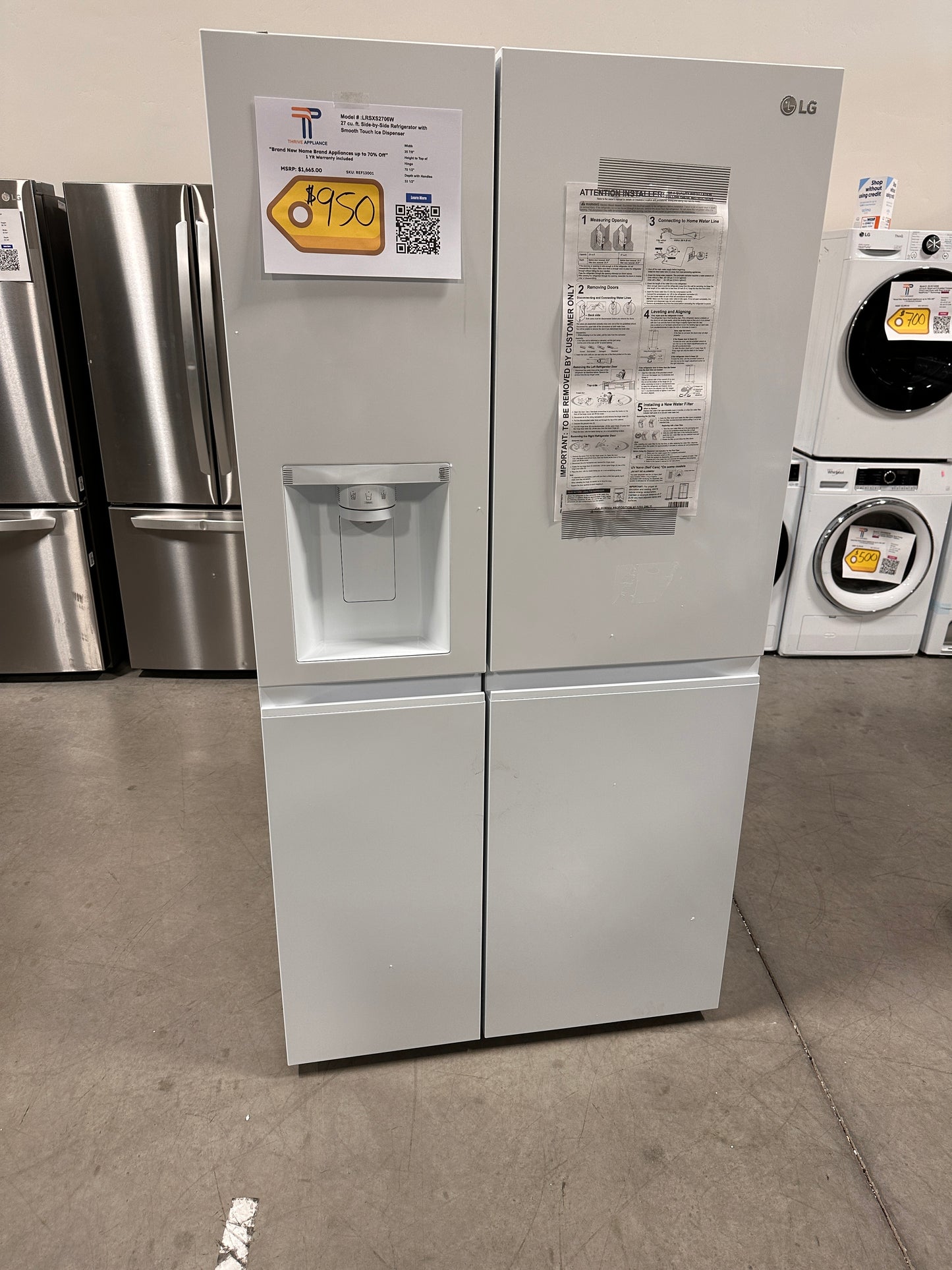 NEW SMOOTH WHITE LG SIDE-BY-SIDE REFRIGERATOR MODEL: LRSXS2706W  REF13001