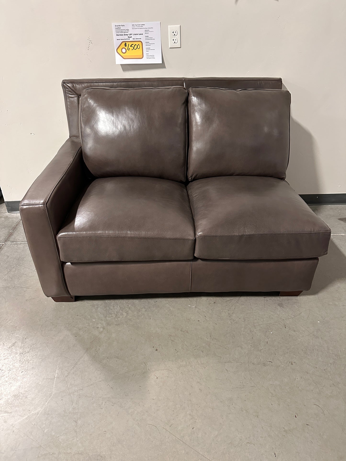 GENUINE LEATHER GREY 1 ARM LOVE SEAT - COMBINE WITH SOFA TO CREATE SECTIONAL - SFA11118