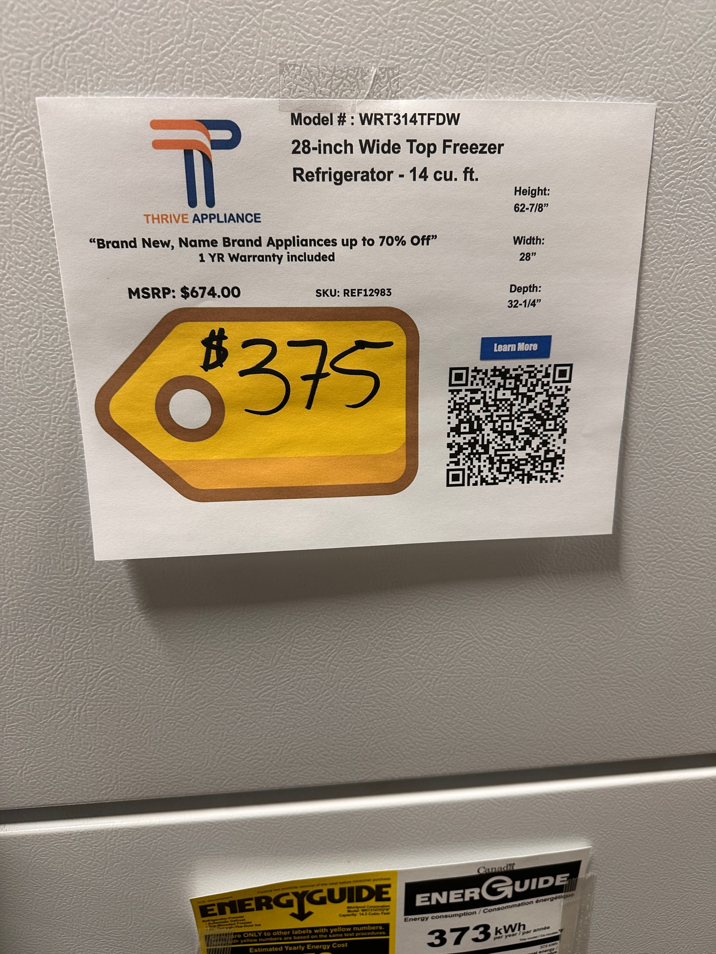 New Whirlpool - 14.3 Cu. Ft. Top-Freezer Refrigerator -  MODEL: WRT314TFDW  REF12983