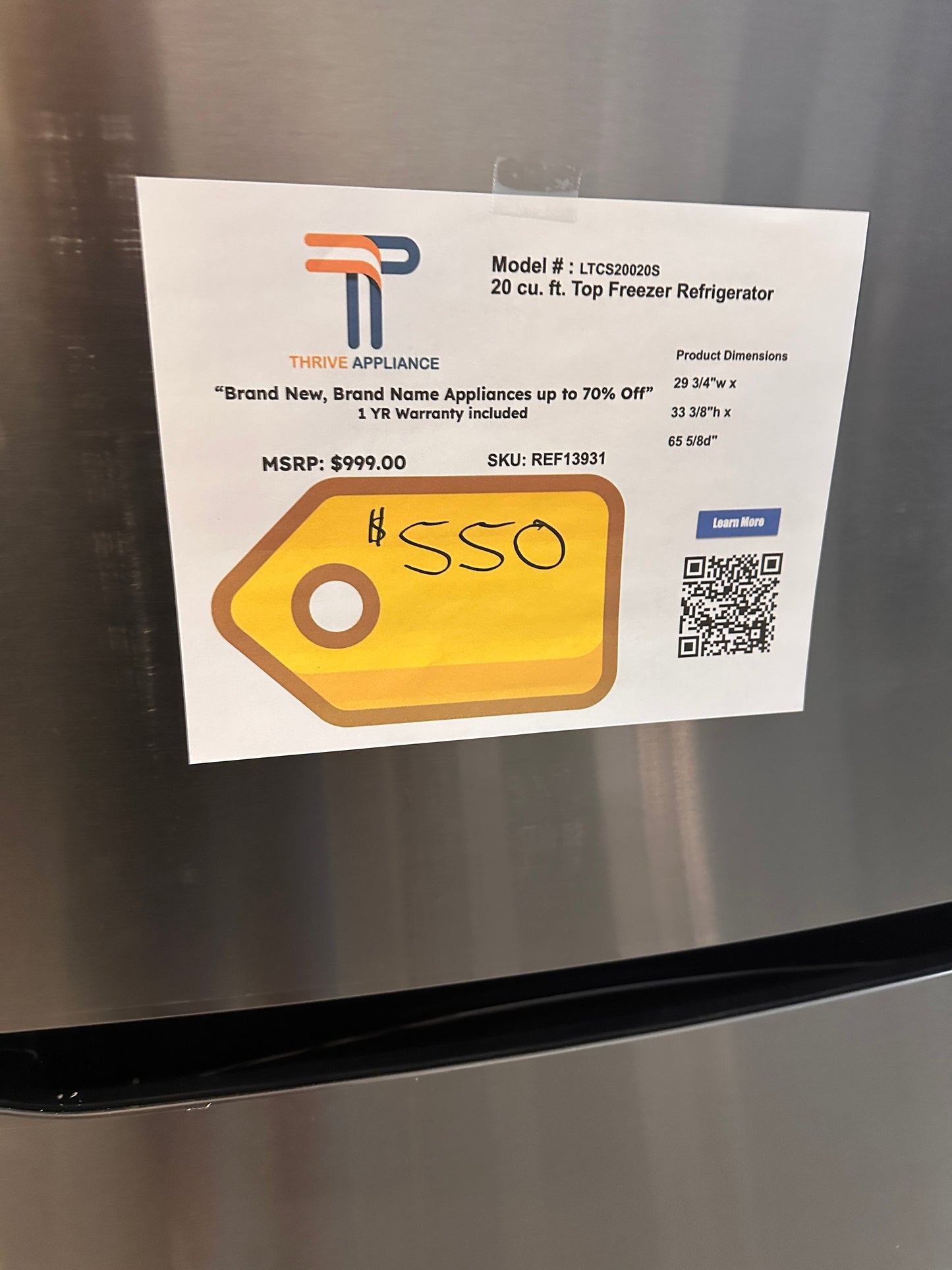 NEW! LG 20 Cu. Ft. Top Freezer Refrigerator  MODEL: LTCS20020S  REF13931