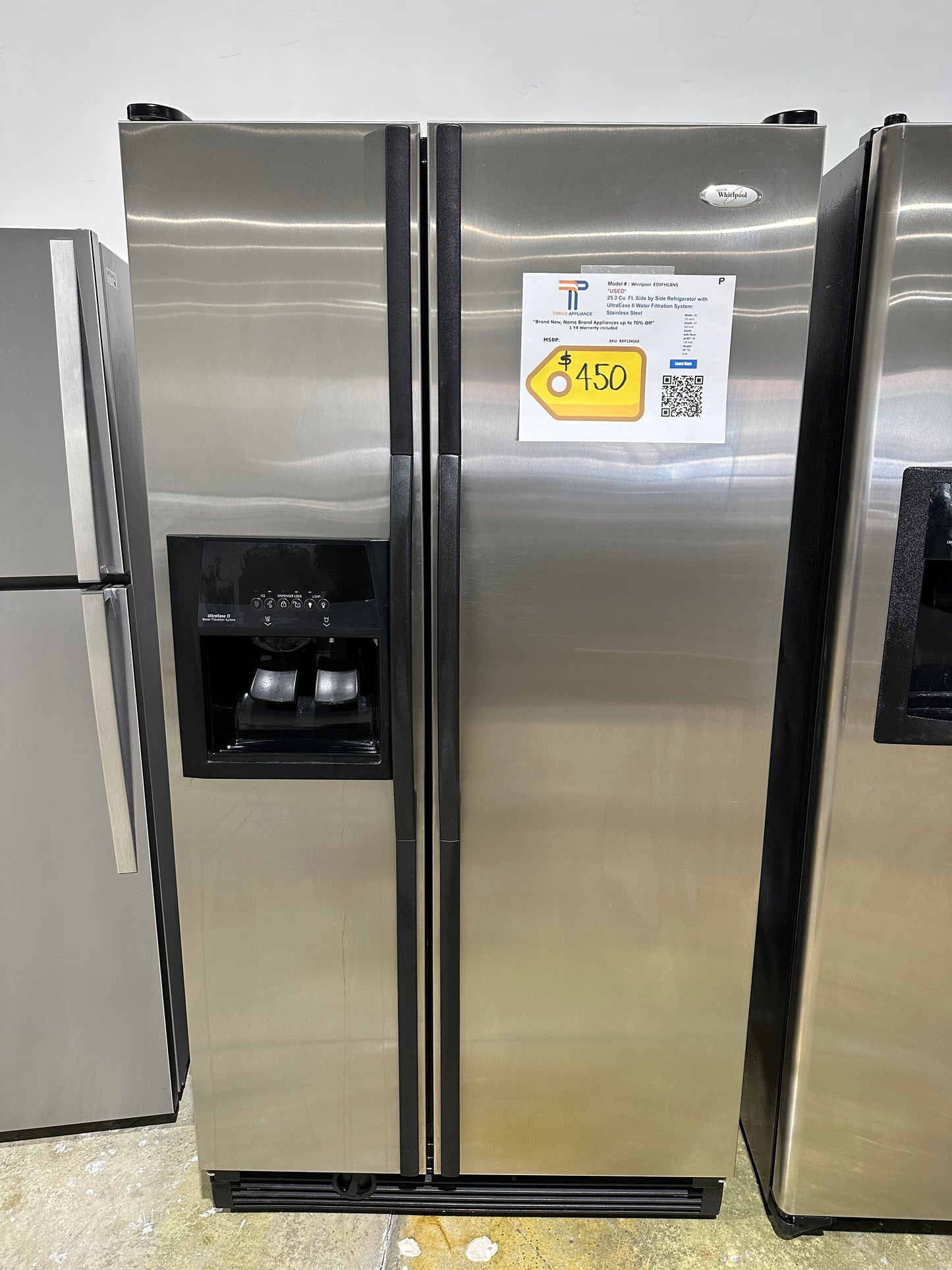 USED WHIRLPOOL SIDE BY SIDE STAINLESS STEEL REFRIGERATOR MODEL: ED5FHEXNS  REF12416S