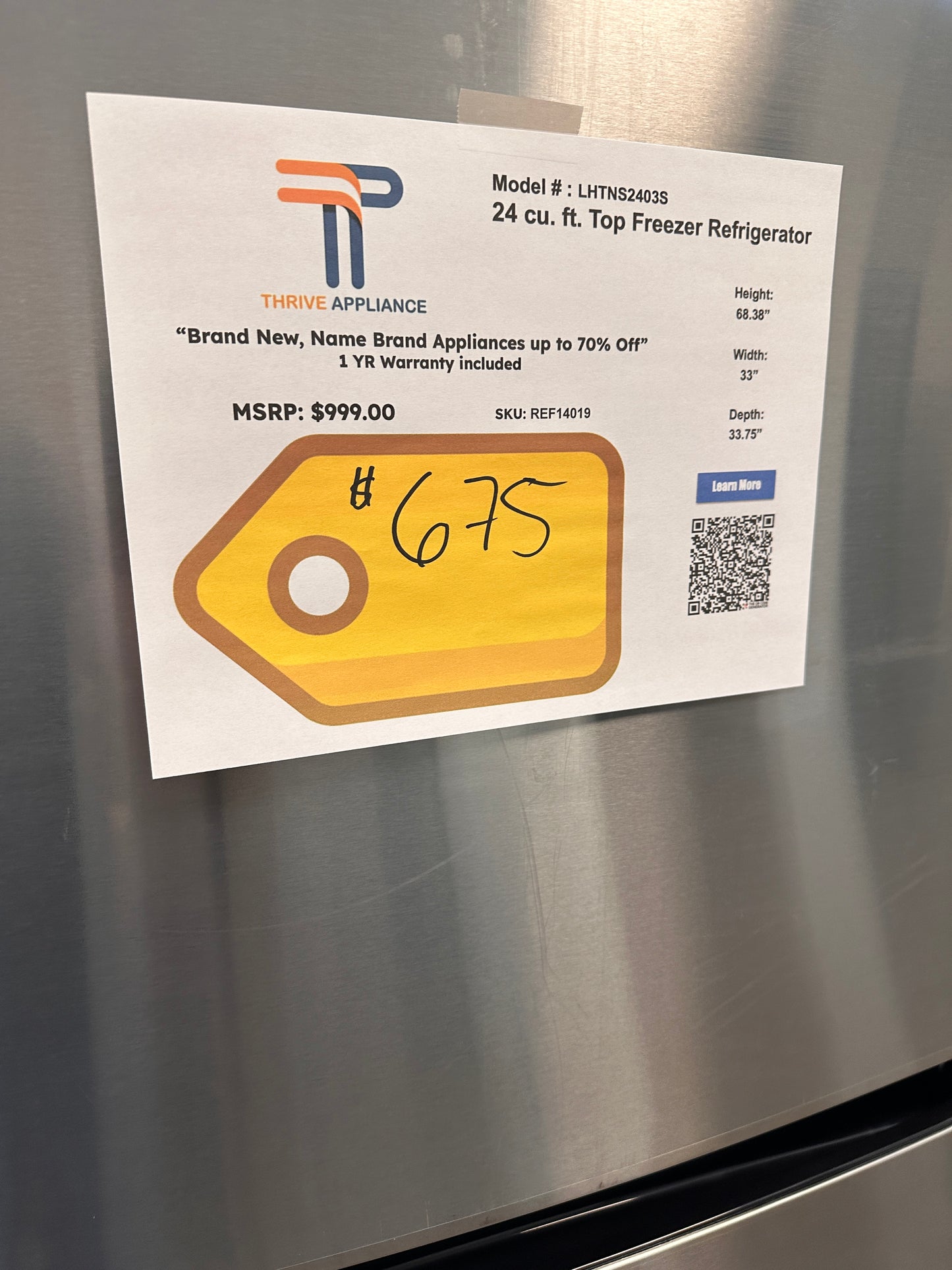 BRAND NEW LG TOP FREEZER STAINLESS STEEL REFRIGERATOR MODEL: LHTNS2403S  REF14019