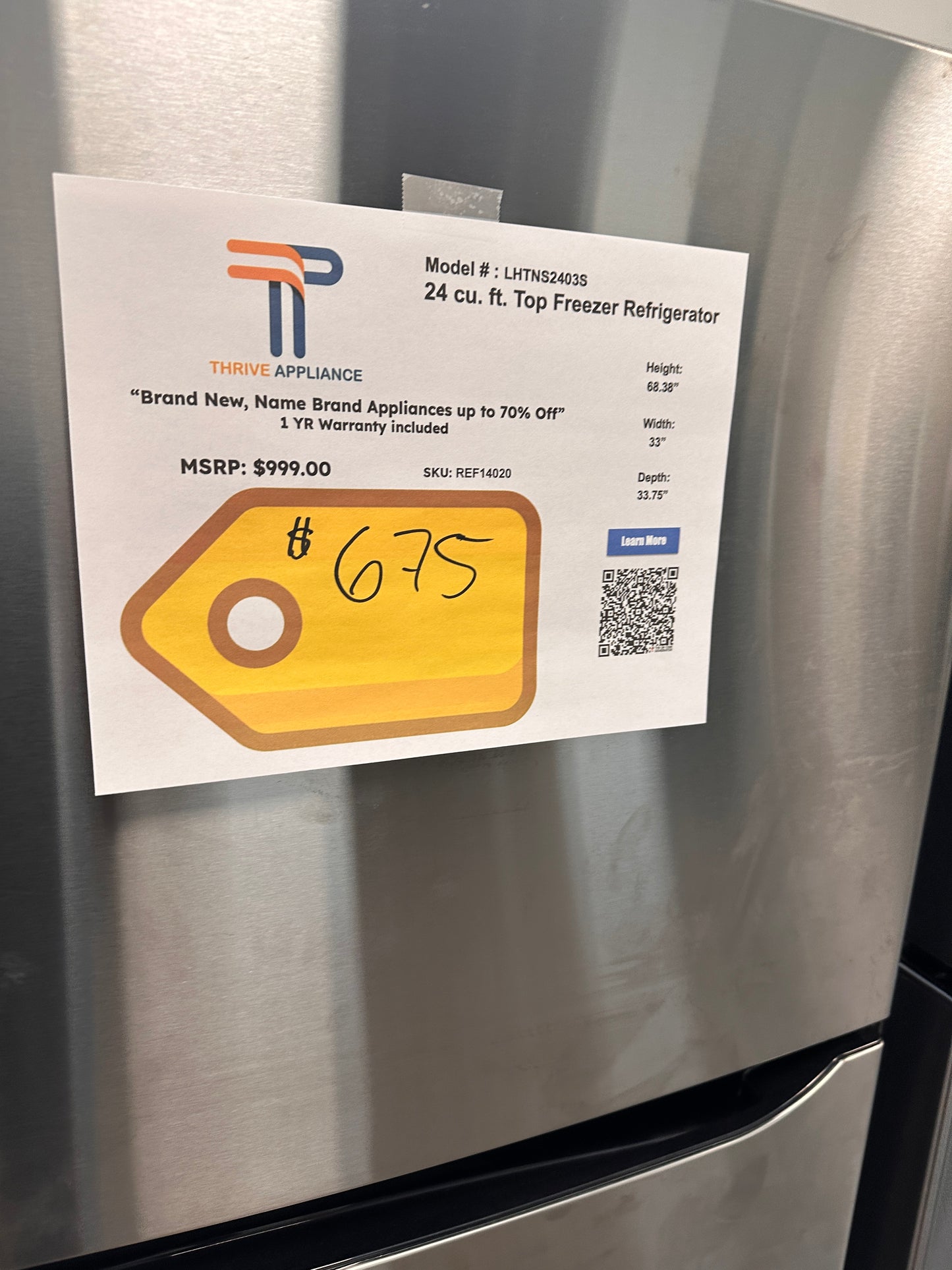 BRAND NEW INTERNAL WATER DISPENSER LG TOP FREEZER REFRIGERATOR MODEL: LHTNS2403S  REF14020