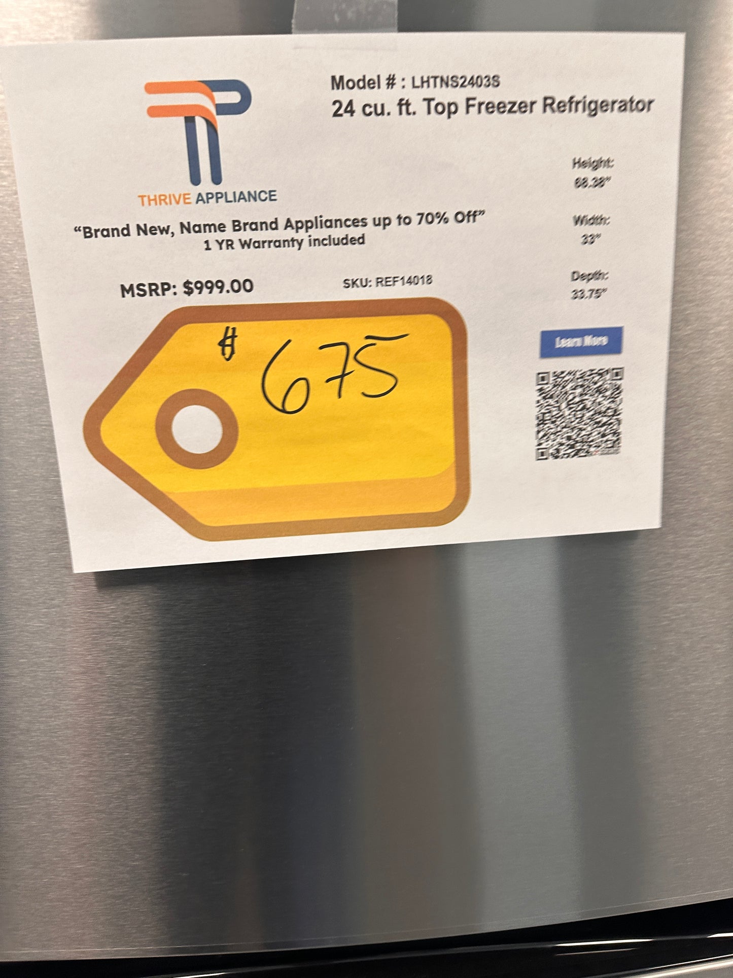 BEAUTIFUL BRAND NEW LG TOP FREEZER REFRIGERATOR MODEL: LHTNS2403S  REF14018