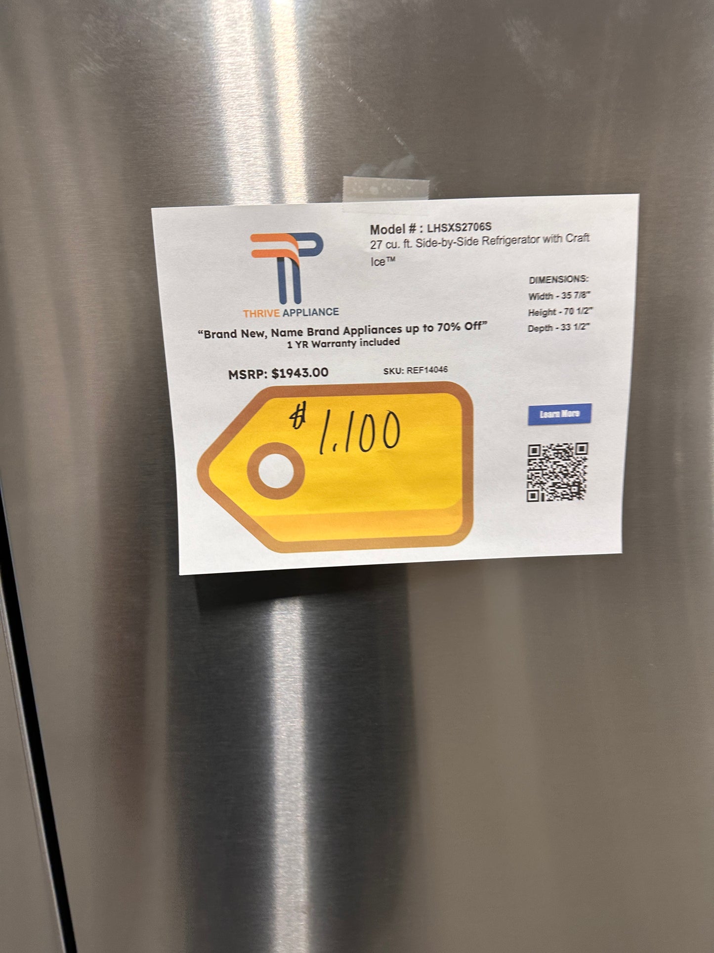 BRAND NEW! LG 27 cu. ft. Side-by-Side Refrigerator with Craft Ice  MODEL: LHSXS2706S  REF14046