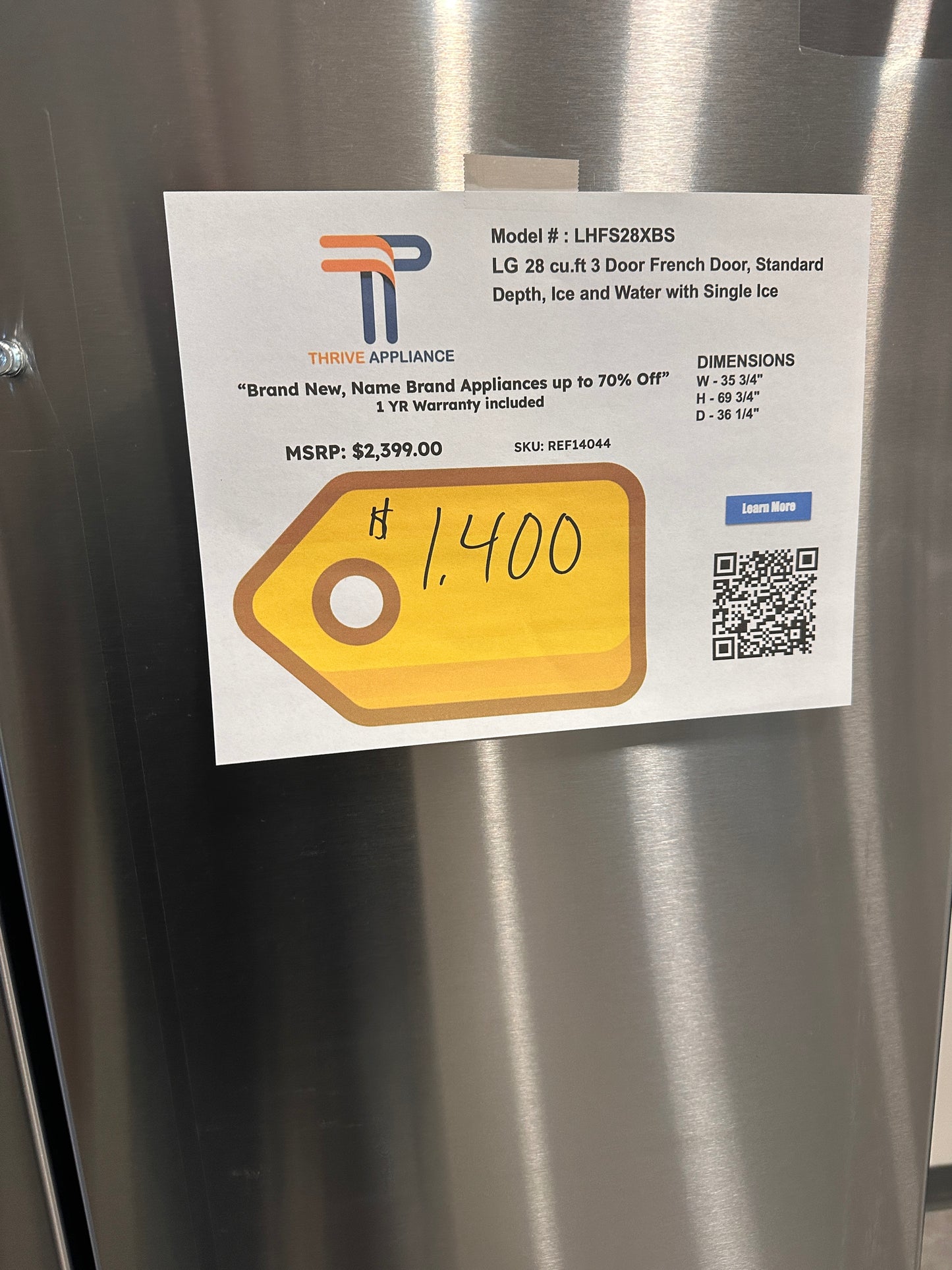 LG 36-inch 27.7 cu. ft. Freestanding French 3-Door Refrigerator with Wi-Fi  MODEL: LHFS28XBS  REF14044