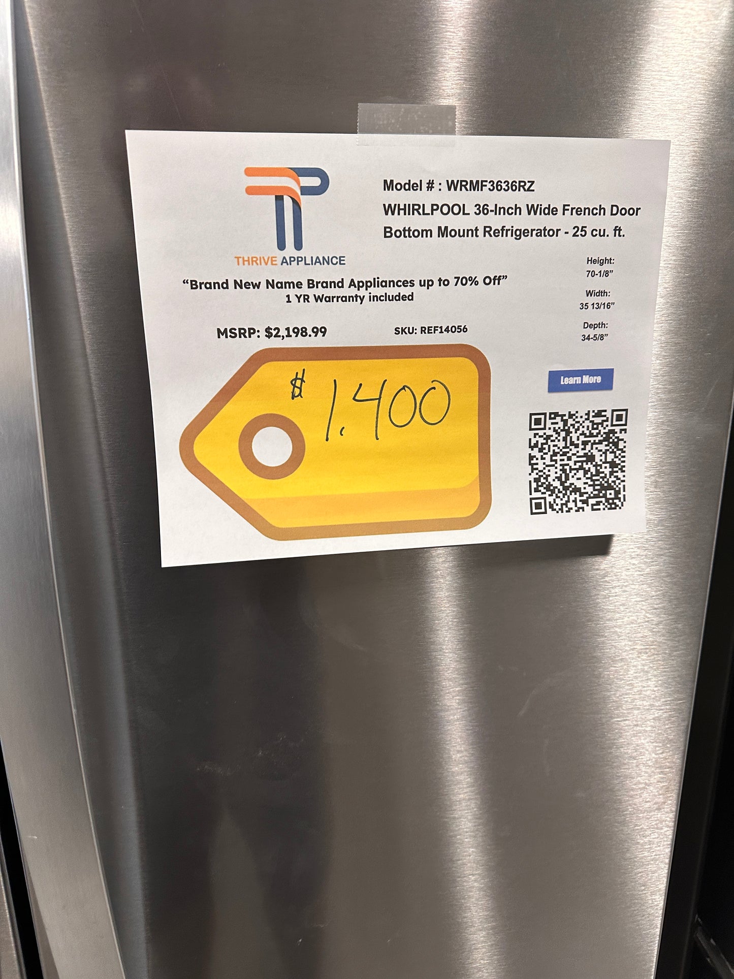 NEW! Whirlpool French Door Refrigerator  MODEL: WRMF3636RZ  REF14056