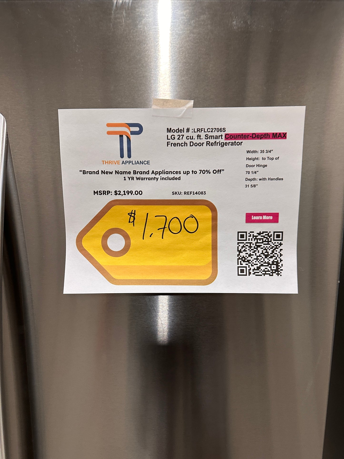 BRAND NEW! Smart Counter-Depth MAX French Door Refrigerator LG  MODEL: LRFLC2706S  REF14083