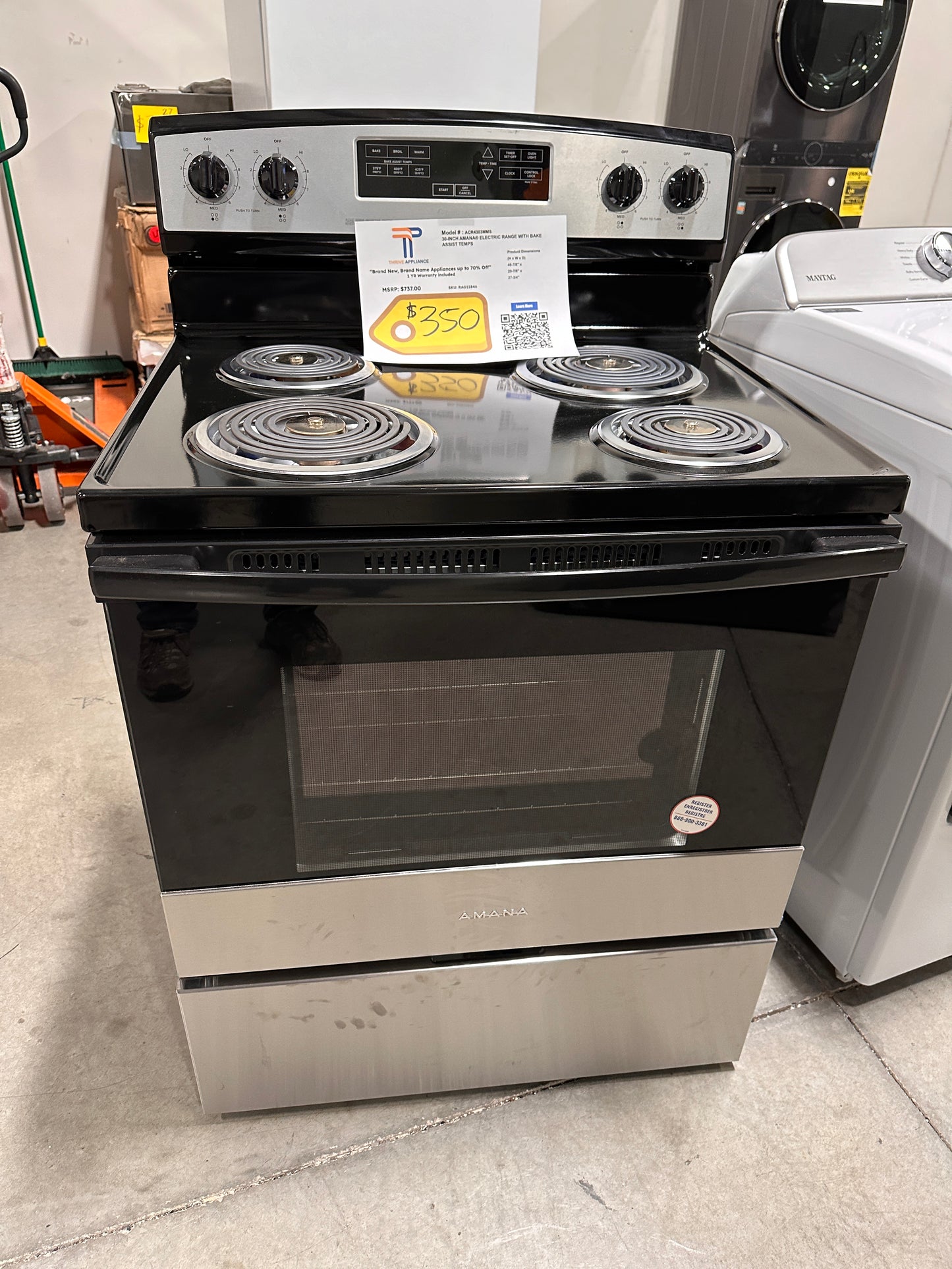 GREAT NEW AMANA STAINLESS STEEL ELECTRIC RANGE MODEL: ACR4303MMS  RAG11846
