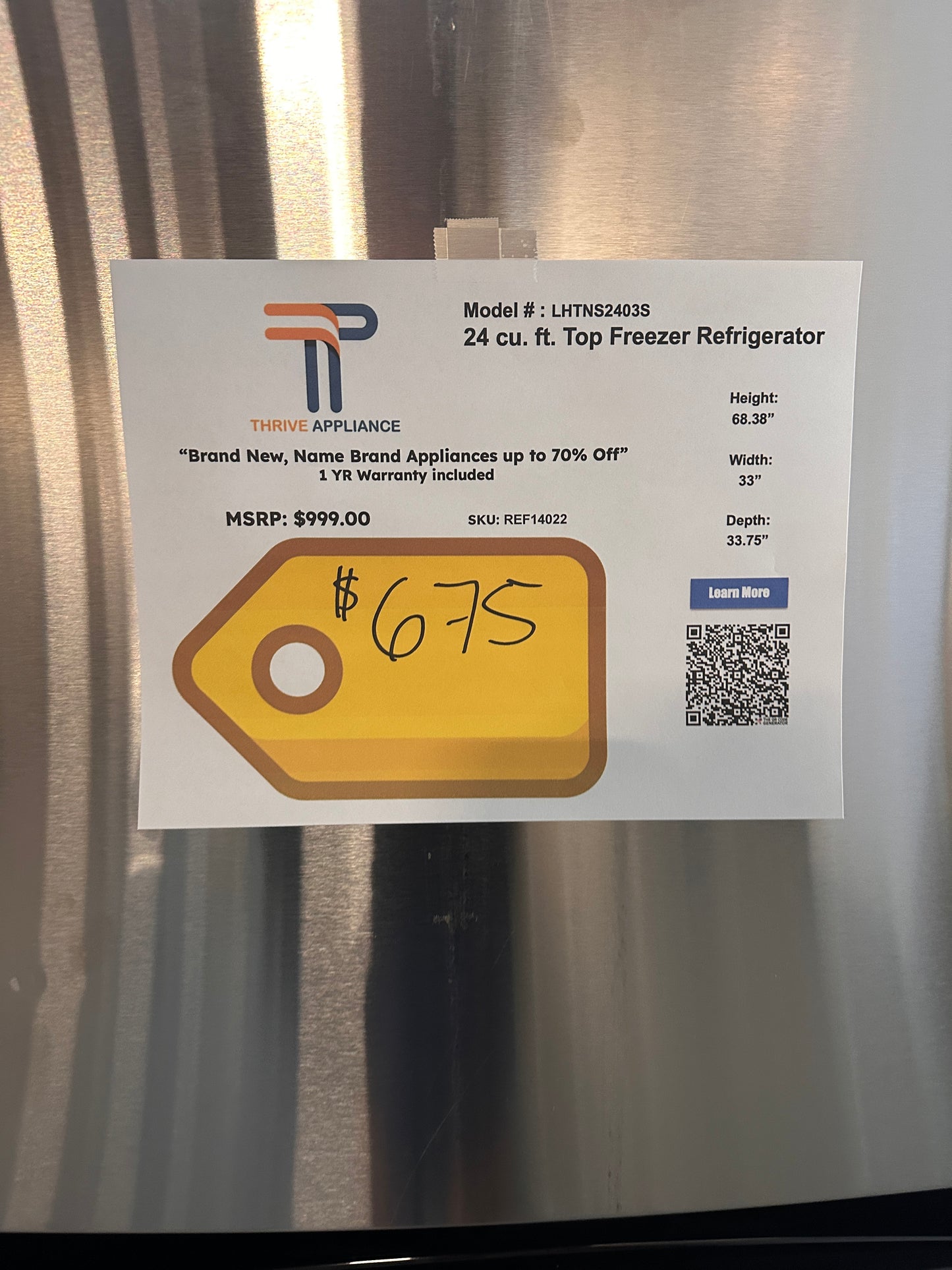 GREAT NEW LG TOP FREEZER REFRIGERATOR with INTERNAL WATER DISPENSER MODEL: LHTNS2403S  REF14022
