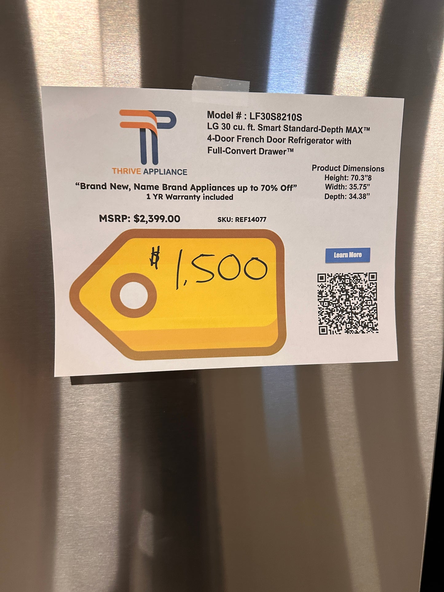 BRAND NEW LG SMART STANDARD DEPTH MAX REFRIGERATOR MODEL: LF30S8210S  REF14077