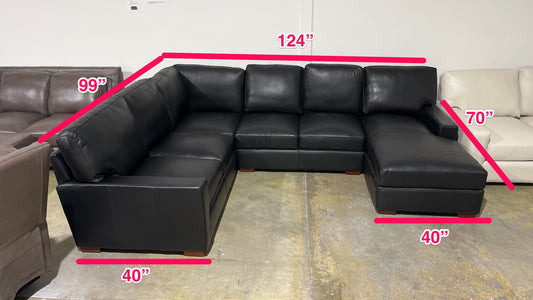 NEW Leather Canyon Black Sectional Couch Set with Swivel Chair