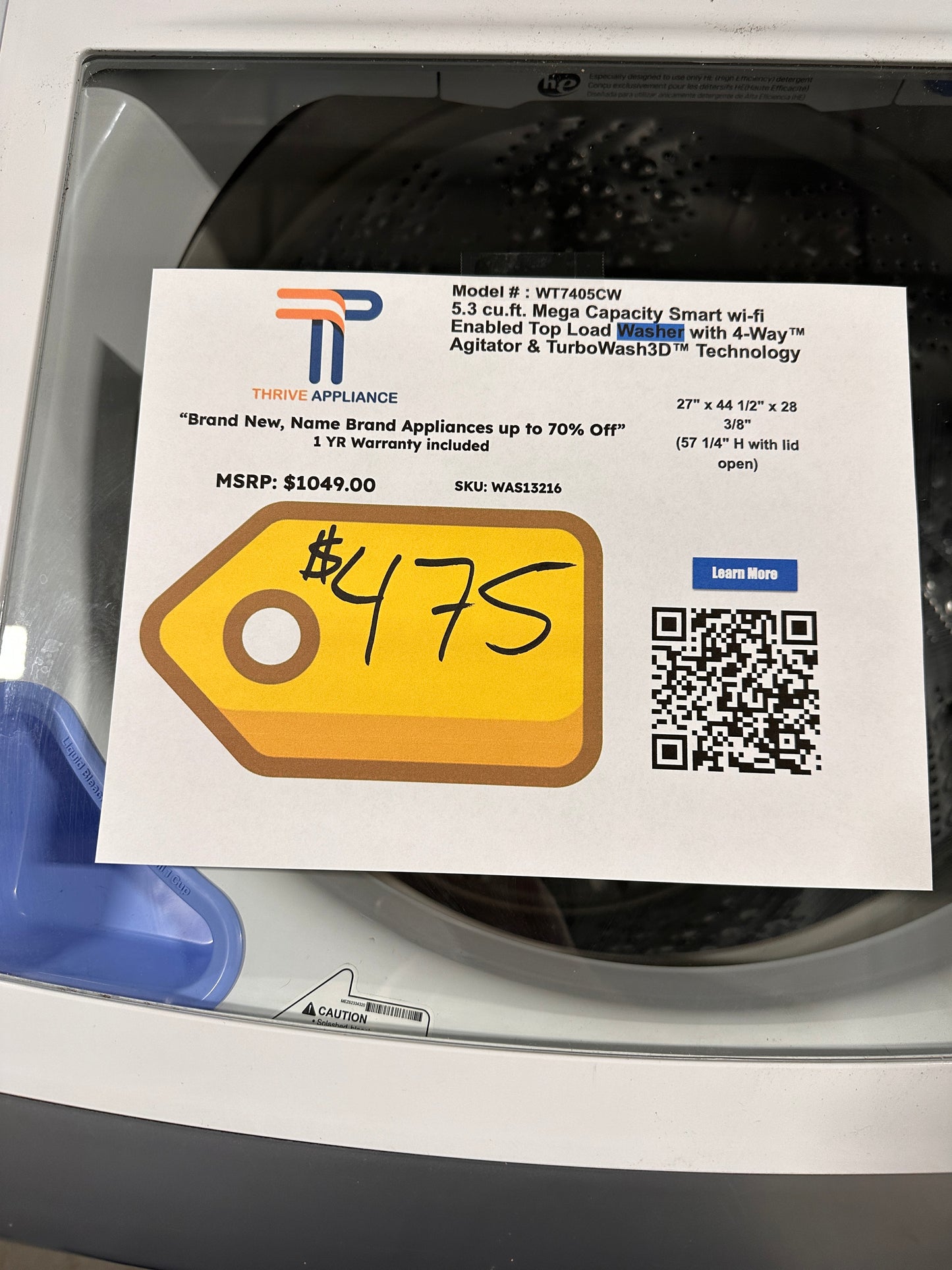 NEW LG SMART TOP LOAD WASHER with 4-WAY AGITATOR MODEL: WT7405CW  WAS13216
