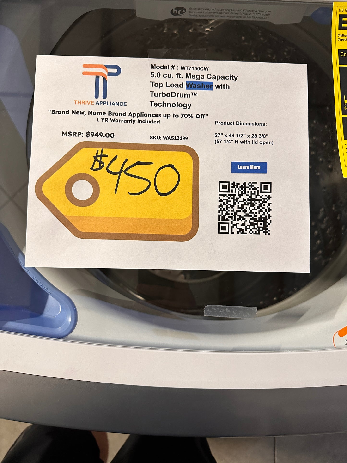 6MOTION TECHNOLOGY LG TOP LOAD WASHER MODEL: WT7150CW  WAS13199