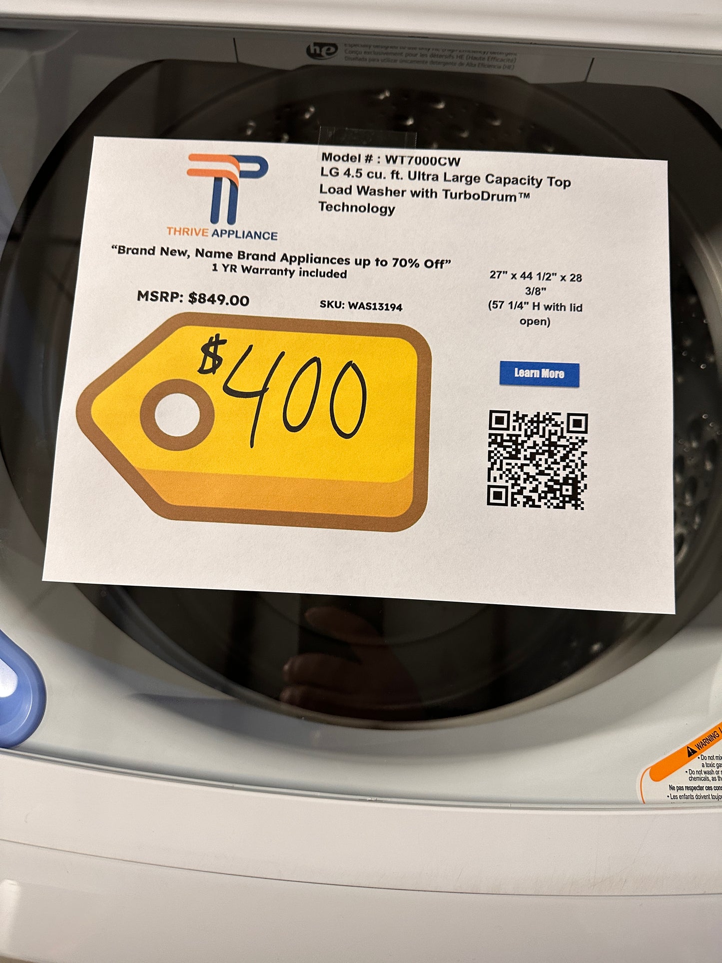 4.5 CU FT TOP LOAD LG WASHER MODEL: WT7000CW  WAS13194