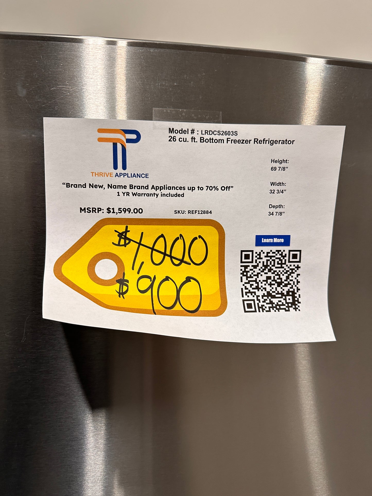 SALE PRICE Bottom-Freezer Refrigerator with Ice Maker - Model:LRDCS2603S  REF12884