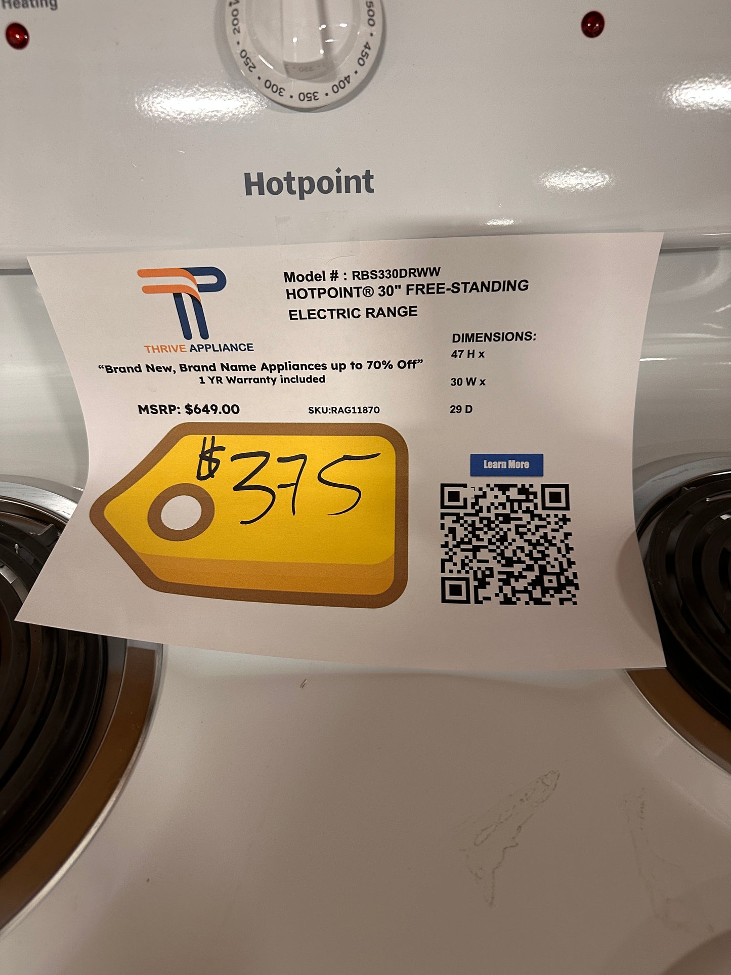 NEW HOTPOINT 4 BURNER WHITE RANGE MODEL: RBS330DRWW  RAG11870