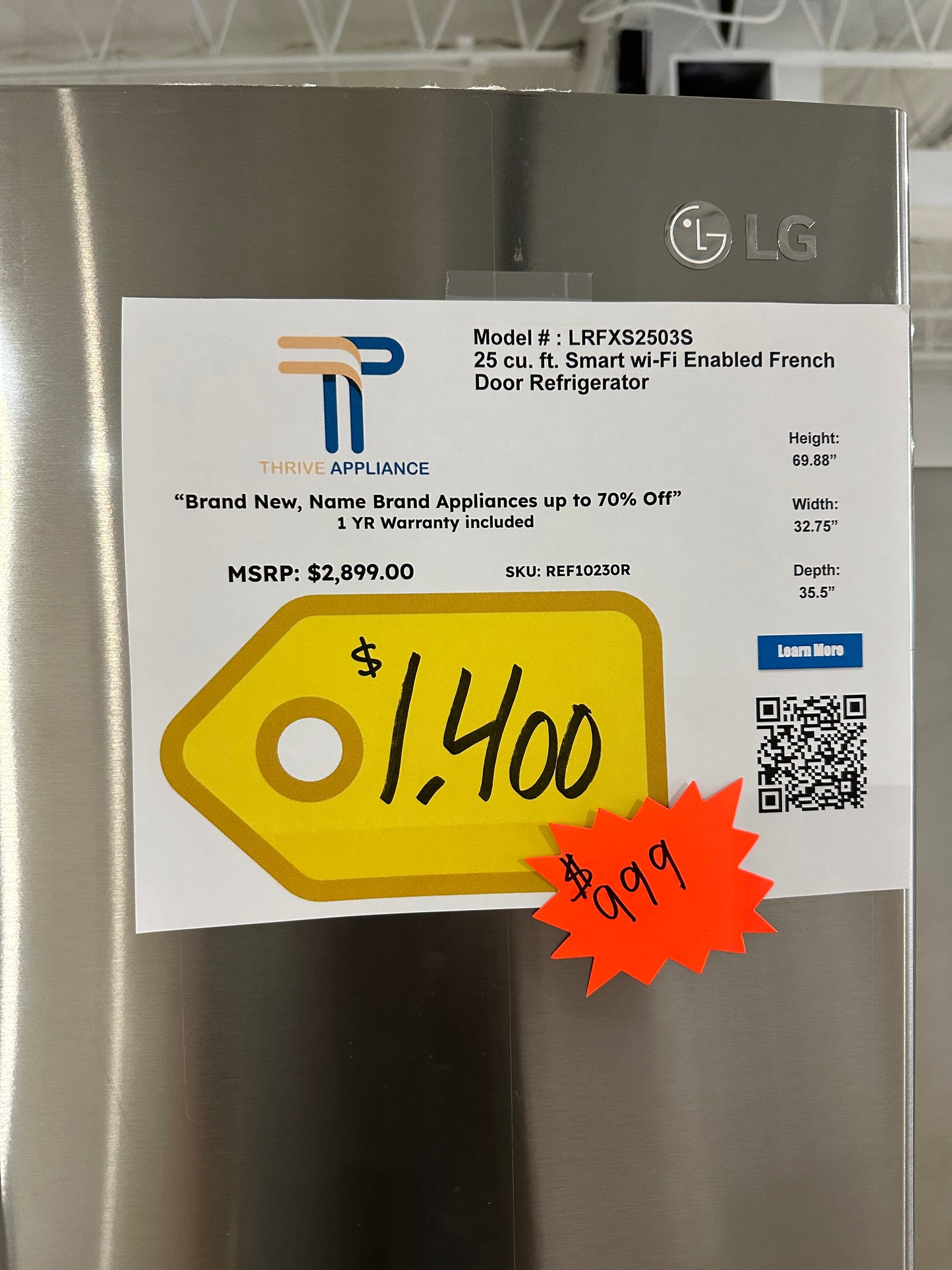 DISCOUNTED Smart Refrigerator with External Tall Ice and Water - MODEL: LRFXS2503S  REF10230RS