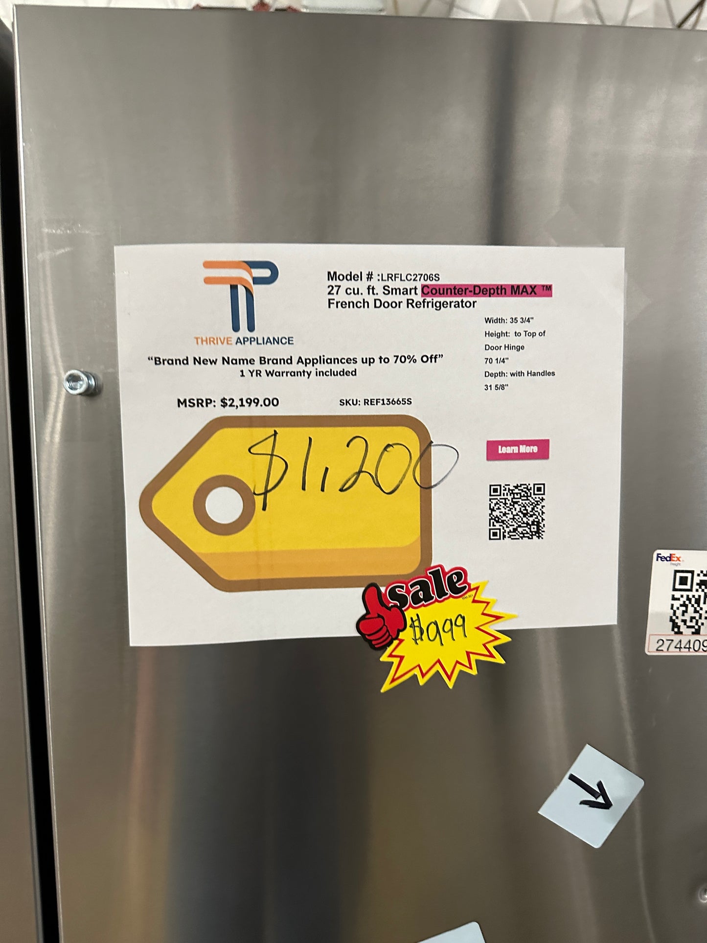 GREAT NEW LG COUNTER-DEPTH MAX FRENCH DOOR REFRIGERATOR MODEL: LRFLC2706S REF13665S